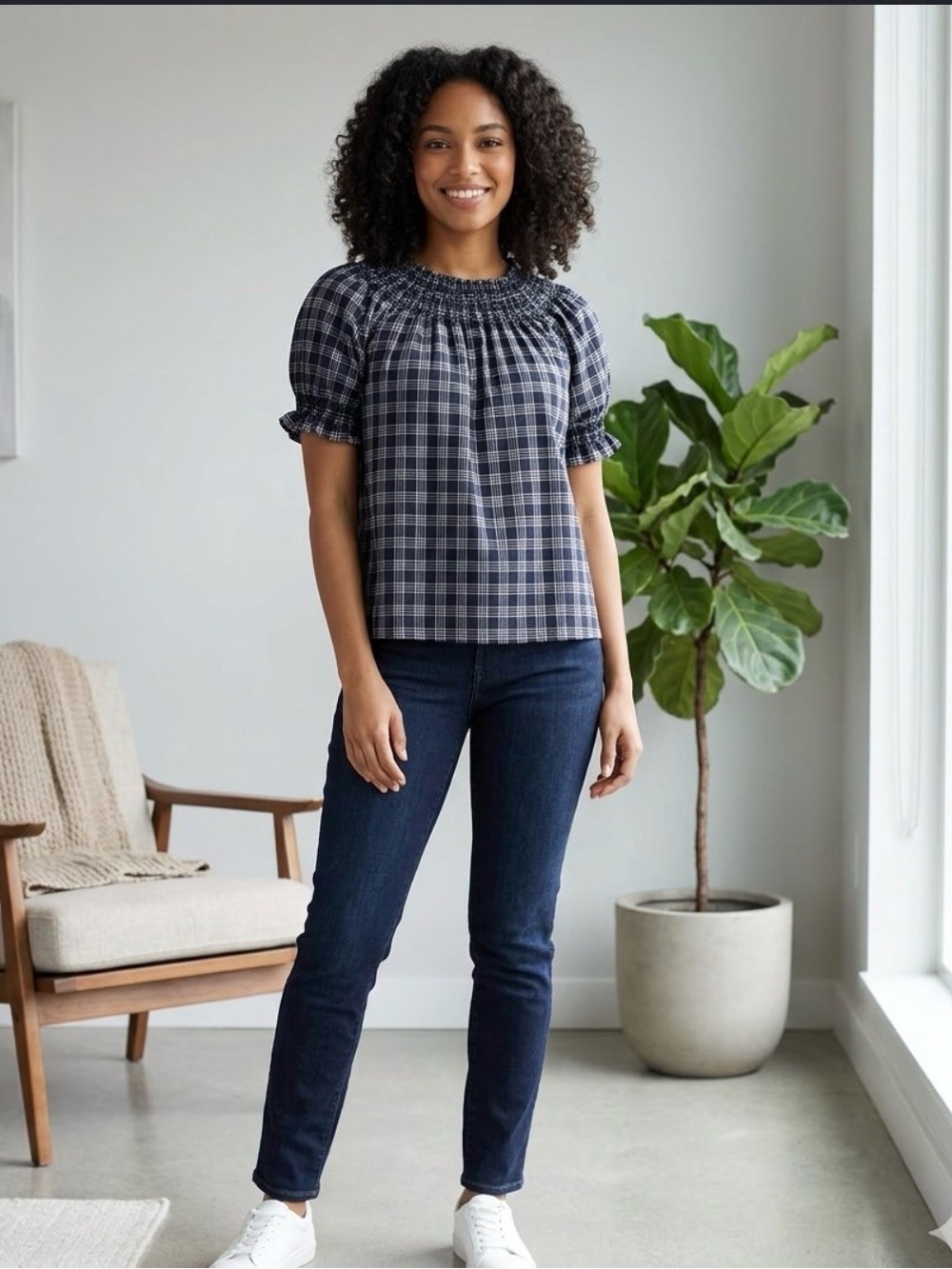 The Great- The Fair Top Plaid Puff Sleeve Blouse in Navy&Tan Size 0 (B6)